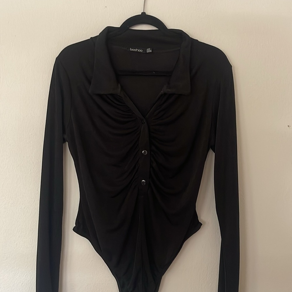 Boohoo Black Long Sleeve Ruched Bodysuit Size 16